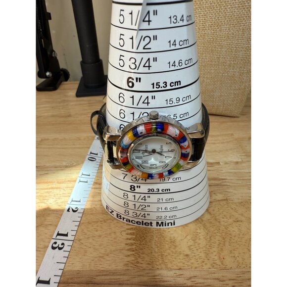 Venice Art Glass Watch With Multicolor Bezel & Black Leather Strap NOT TESTED - Picture 2 of 13